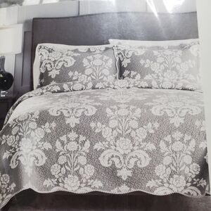 Croft & Barrow Gray/White Damask Quilt/Shams King Set New